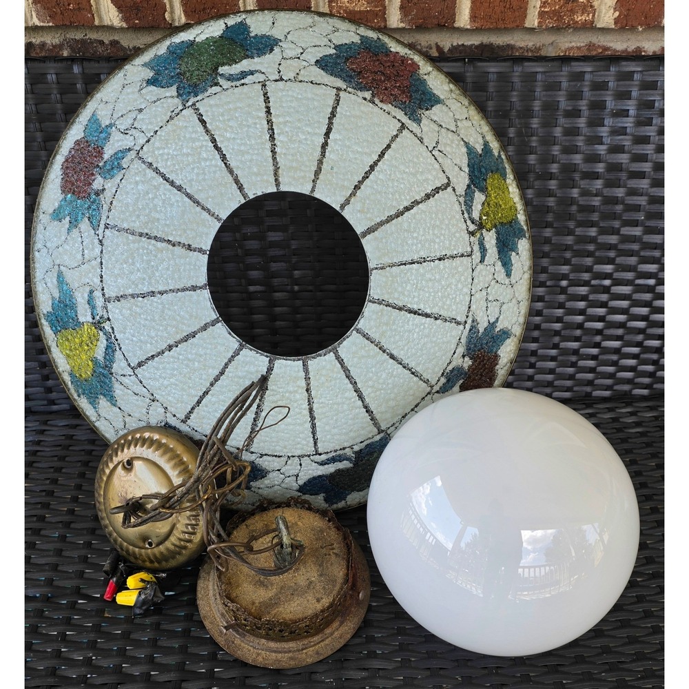 VTG Mid Century 50s Americana Swag Lamp Fruit Motif Tiffany Style Stained Glass